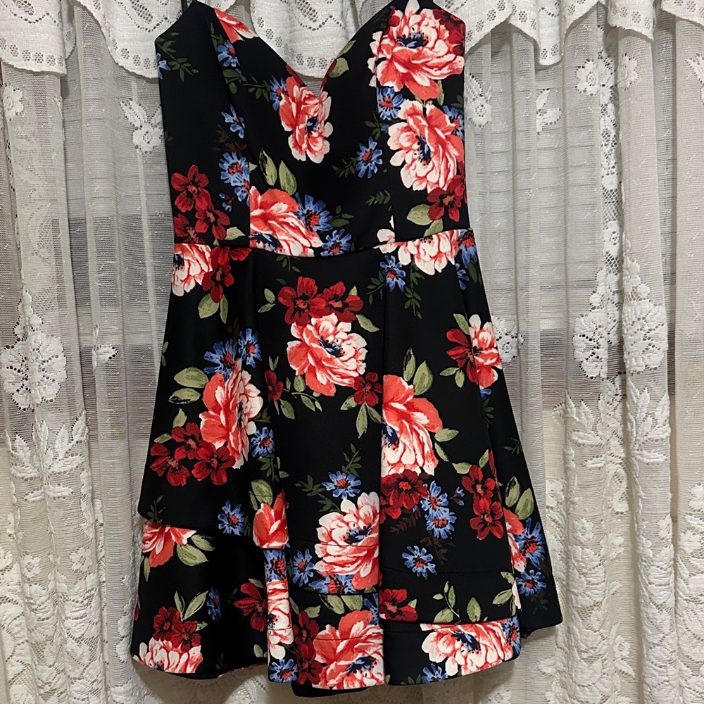 B Darlin Strapless Black Dress with Red & Blue Floral Print